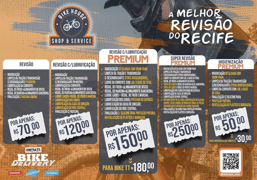 Tabela oficial de preços Bike House - Revisão, Revisão c/ Lubrificação, Premium, Super Premium e Higienização